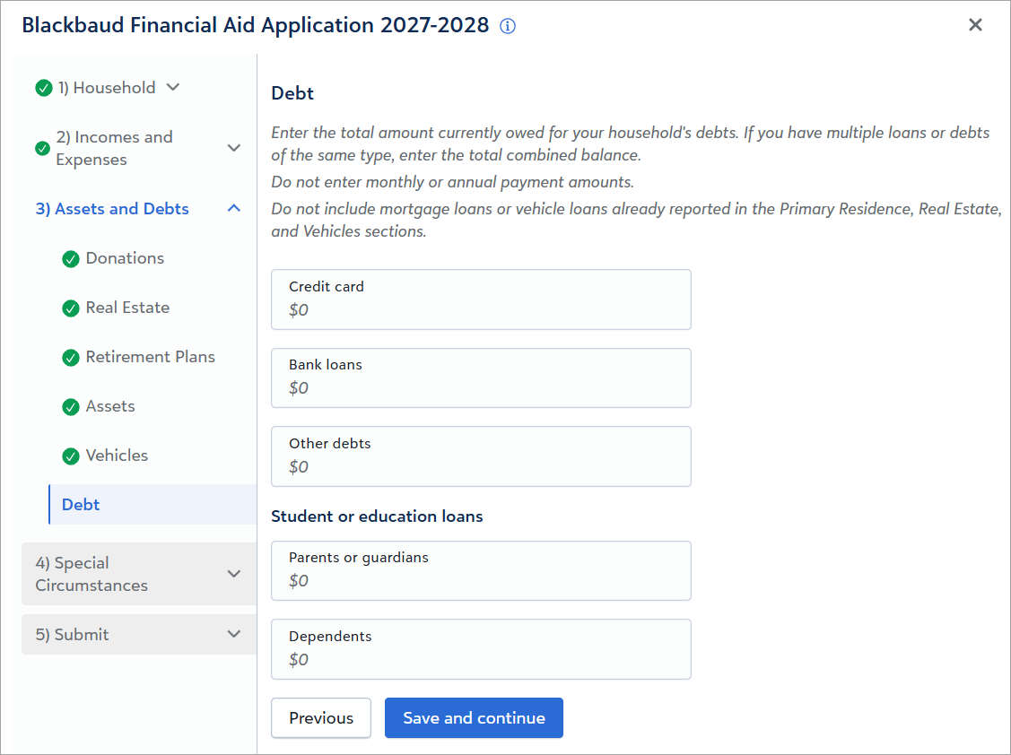 Screenshot of Section S. Debts